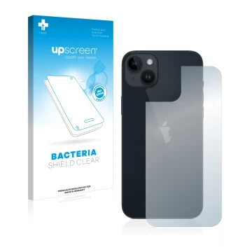 Face avant d’un emballage produit avec le logo de la marque upscreen. À côté, l’appareil Apple iPhone 14 Plus (Arrière) est re