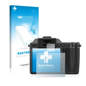 Face avant d’un emballage produit avec le logo de la marque upscreen. À côté, l’appareil Hasselblad X2D 100C est représenté av