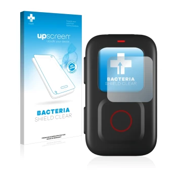 Face avant d’un emballage produit avec le logo de la marque upscreen. À côté, l’appareil GoPro Remote est représenté avec la p