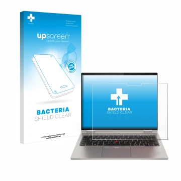 Face avant d’un emballage produit avec le logo de la marque upscreen. À côté, l’appareil Lenovo ThinkPad X1 Titanium Yoga Gen 