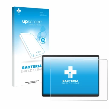 Face avant d’un emballage produit avec le logo de la marque upscreen. À côté, l’appareil Microsoft Surface Pro 9 est représent