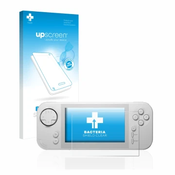 Face avant d’un emballage produit avec le logo de la marque upscreen. À côté, l’appareil Evercade EXP est représenté avec la p