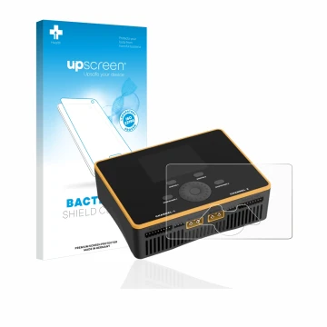 Face avant d’un emballage produit avec le logo de la marque upscreen. À côté, l’appareil Junsi iCharger DX8 Duo est représenté
