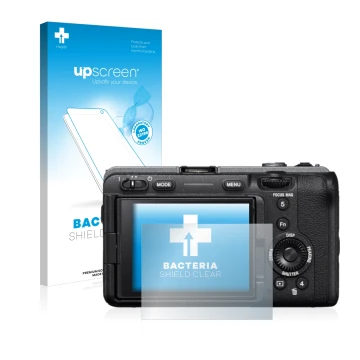 Face avant d’un emballage produit avec le logo de la marque upscreen. À côté, l’appareil Sony Alpha FX30 Cinema Line est repré