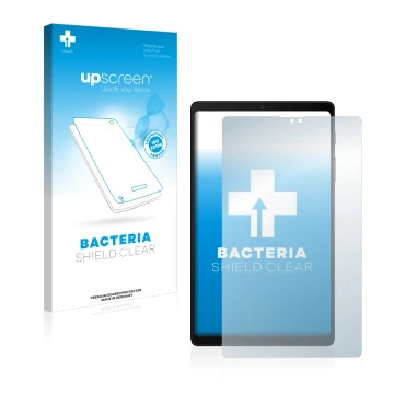 Face avant d’un emballage produit avec le logo de la marque upscreen. À côté, l’appareil Samsung Galaxy Tab A7 Lite 2022 est r