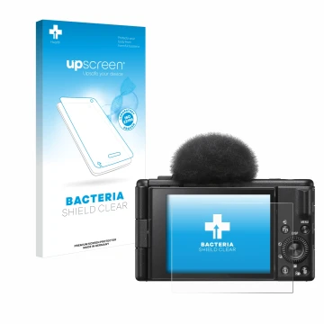 Face avant d’un emballage produit avec le logo de la marque upscreen. À côté, l’appareil Sony ZV-1F est représenté avec la pro
