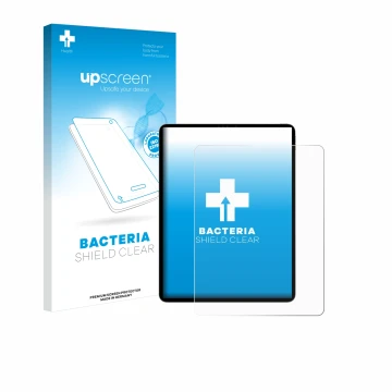 Face avant d’un emballage produit avec le logo de la marque upscreen. À côté, l’appareil Apple iPad Pro 12.9