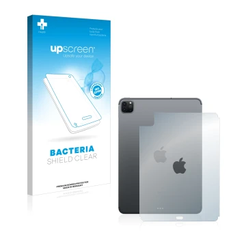Face avant d’un emballage produit avec le logo de la marque upscreen. À côté, l’appareil Apple iPad Pro 11