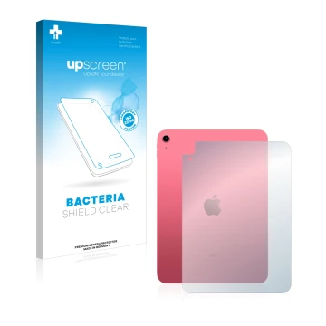 Face avant d’un emballage produit avec le logo de la marque upscreen. À côté, l’appareil Apple iPad 10.9