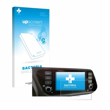 Face avant d’un emballage produit avec le logo de la marque upscreen. À côté, l’appareil Hyundai i20 2020 8