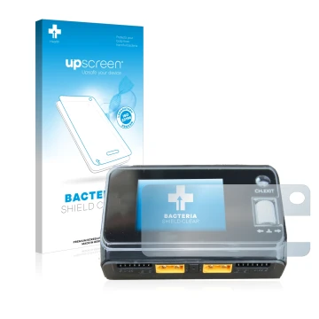 Face avant d’un emballage produit avec le logo de la marque upscreen. À côté, l’appareil ToolkitRC M6D Dual Charger est représ