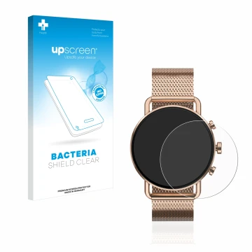 Face avant d’un emballage produit avec le logo de la marque upscreen. À côté, l’appareil Skagen Falster Gen 6 (41 mm) est repr