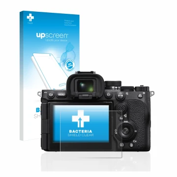 Face avant d’un emballage produit avec le logo de la marque upscreen. À côté, l’appareil Sony Alpha 7R V / a7R V est représent