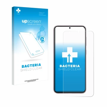 Face avant d’un emballage produit avec le logo de la marque upscreen. À côté, l’appareil Samsung Galaxy S23 Plus est représent