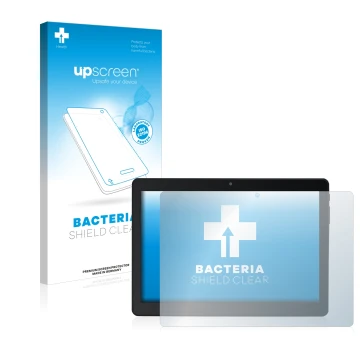 Face avant d’un emballage produit avec le logo de la marque upscreen. À côté, l’appareil Acepad A145 10.1