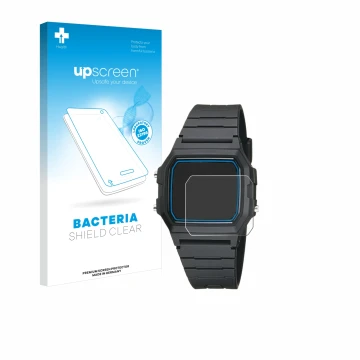 Face avant d’un emballage produit avec le logo de la marque upscreen. À côté, l’appareil Casio F-105W-1AWYEF est représenté av