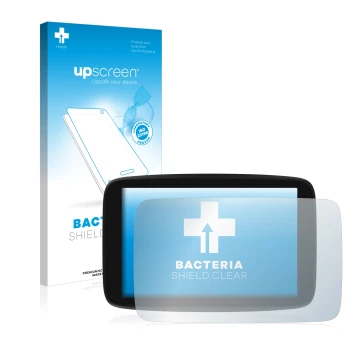 Face avant d’un emballage produit avec le logo de la marque upscreen. À côté, l’appareil TomTom GO Exclusive est représenté av