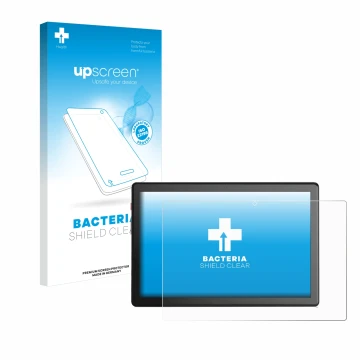 Face avant d’un emballage produit avec le logo de la marque upscreen. À côté, l’appareil emporia TAB 1 10.1