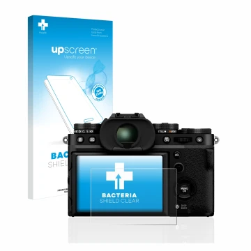 Face avant d’un emballage produit avec le logo de la marque upscreen. À côté, l’appareil Fujifilm X-T5 est représenté avec la 