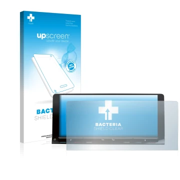 Face avant d’un emballage produit avec le logo de la marque upscreen. À côté, l’appareil Volkswagen T7 Multivan Life Discover 