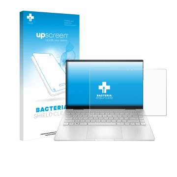 Face avant d’un emballage produit avec le logo de la marque upscreen. À côté, l’appareil HP Pavilion x360 2-in-1 (14-ekX) est 