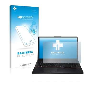 Face avant d’un emballage produit avec le logo de la marque upscreen. À côté, l’appareil Fujitsu Lifebook E5512 est représenté