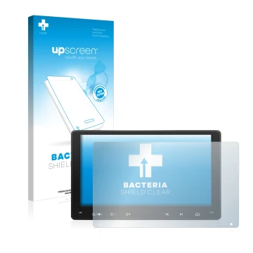 Face avant d’un emballage produit avec le logo de la marque upscreen. À côté, l’appareil Atoto A6 PF 9 Zoll est représenté ave