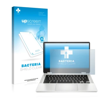 Face avant d’un emballage produit avec le logo de la marque upscreen. À côté, l’appareil HP Chromebook x360 14a-ca0219ng est r
