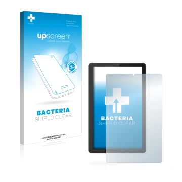 Face avant d’un emballage produit avec le logo de la marque upscreen. À côté, l’appareil Lenovo Tab M9 est représenté avec la 