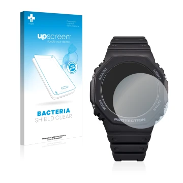 Face avant d’un emballage produit avec le logo de la marque upscreen. À côté, l’appareil Casio G-Shock GA-B2100 est représenté