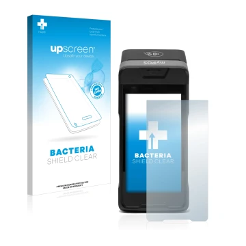 Face avant d’un emballage produit avec le logo de la marque upscreen. À côté, l’appareil myPOS Carbon est représenté avec la p