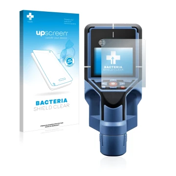 Face avant d’un emballage produit avec le logo de la marque upscreen. À côté, l’appareil Bosch D-tect 200 C Wallscanner est re