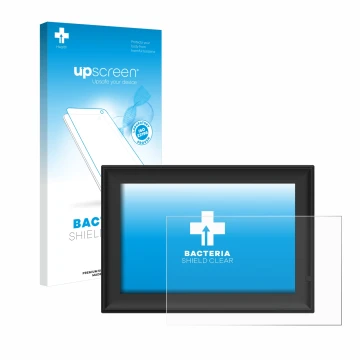 Face avant d’un emballage produit avec le logo de la marque upscreen. À côté, l’appareil Yenock Digitaler Bilderrahmen 10.1 Zo
