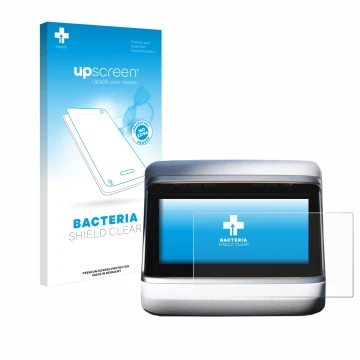 Face avant d’un emballage produit avec le logo de la marque upscreen. À côté, l’appareil Tesla Model X Plaid 2023 (Affichage a