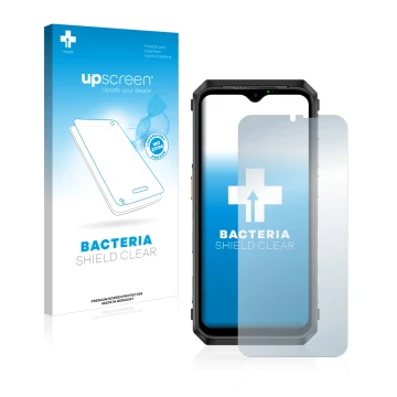 Face avant d’un emballage produit avec le logo de la marque upscreen. À côté, l’appareil Ulefone Power Armor 18T est représent