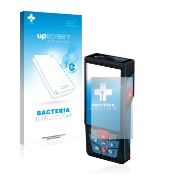 Face avant d’un emballage produit avec le logo de la marque upscreen. À côté, l’appareil Bosch GLM 150-27c est représenté avec