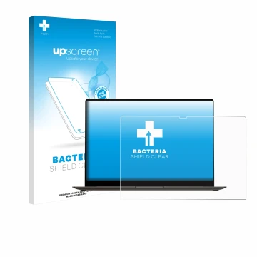 Face avant d’un emballage produit avec le logo de la marque upscreen. À côté, l’appareil Samsung Galaxy Book3 Pro 16