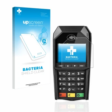 Face avant d’un emballage produit avec le logo de la marque upscreen. À côté, l’appareil ingenico Desk/1600 est représenté ave