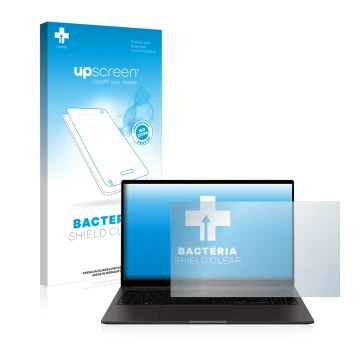 Face avant d’un emballage produit avec le logo de la marque upscreen. À côté, l’appareil Samsung Galaxy Book2 15.6