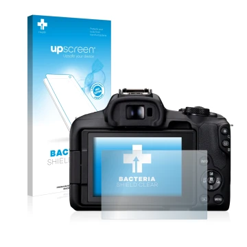 Face avant d’un emballage produit avec le logo de la marque upscreen. À côté, l’appareil Canon EOS R50 est représenté avec la 