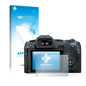 Face avant d’un emballage produit avec le logo de la marque upscreen. À côté, l’appareil Canon EOS R8 est représenté avec la p