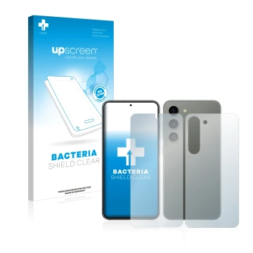 Face avant d’un emballage produit avec le logo de la marque upscreen. À côté, l’appareil Samsung Galaxy S23 (Avant+Arrière) es