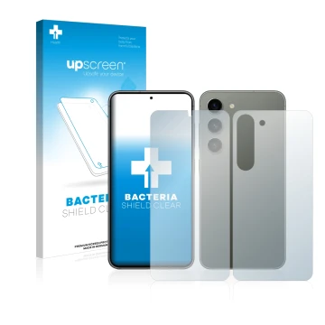 Face avant d’un emballage produit avec le logo de la marque upscreen. À côté, l’appareil Samsung Galaxy S23 Plus (Avant+Arrièr