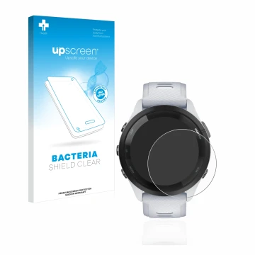 Face avant d’un emballage produit avec le logo de la marque upscreen. À côté, l’appareil Garmin Forerunner 265 (46 mm) est rep