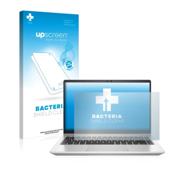 Face avant d’un emballage produit avec le logo de la marque upscreen. À côté, l’appareil HP ProBook 445 G8 est représenté avec
