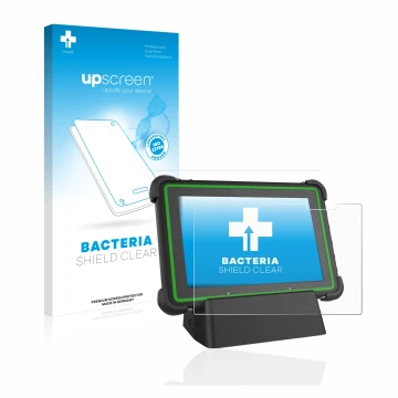 Face avant d’un emballage produit avec le logo de la marque upscreen. À côté, l’appareil Hella Gutmann Mega Macs X (tablet) es