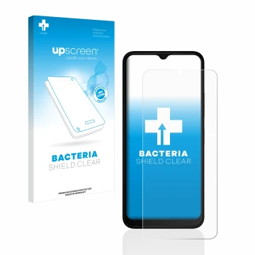 Face avant d’un emballage produit avec le logo de la marque upscreen. À côté, l’appareil Nokia C32 est représenté avec la prot