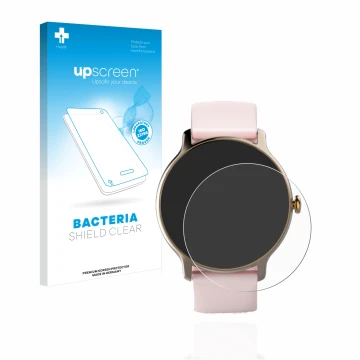 Face avant d’un emballage produit avec le logo de la marque upscreen. À côté, l’appareil Hama Fit Watch 4910 est représenté av