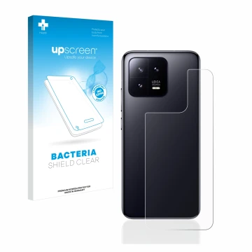 Face avant d’un emballage produit avec le logo de la marque upscreen. À côté, l’appareil Xiaomi 13 (Arrière) est représenté av