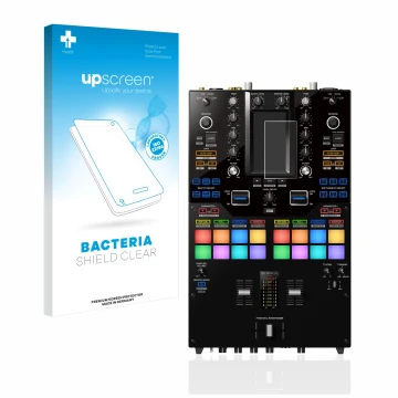 Face avant d’un emballage produit avec le logo de la marque upscreen. À côté, l’appareil Pioneer DJM-S11 est représenté avec l